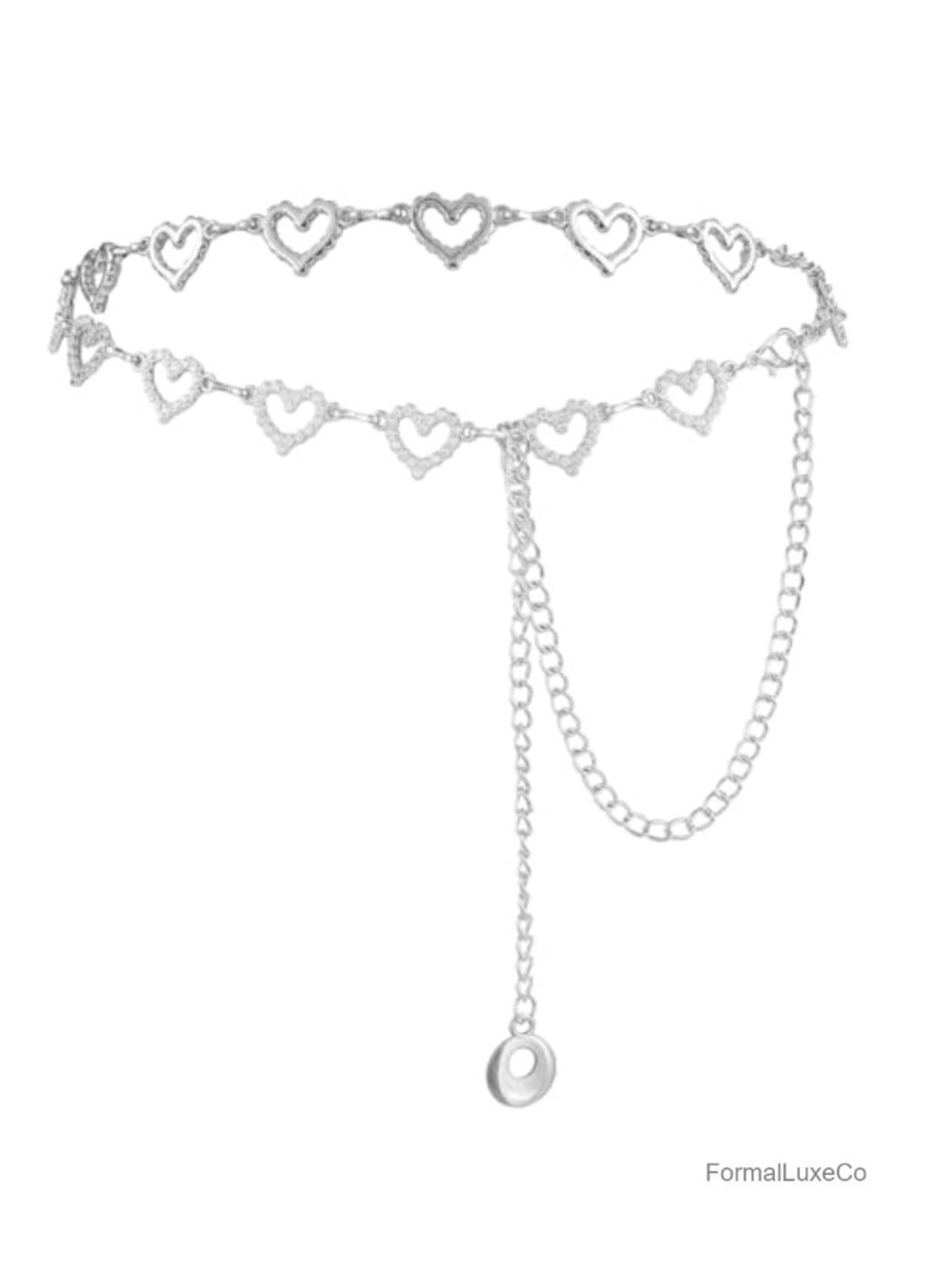 Adjustable Silver Chain Belt for Women with Rhinestone Heart